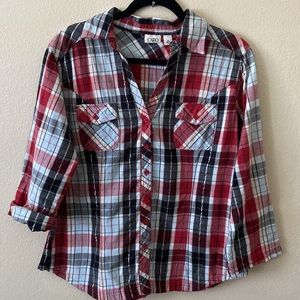 CATO 3/4 sleeves Sleeves Roll up too Plaid Button-down 100% Cotton.